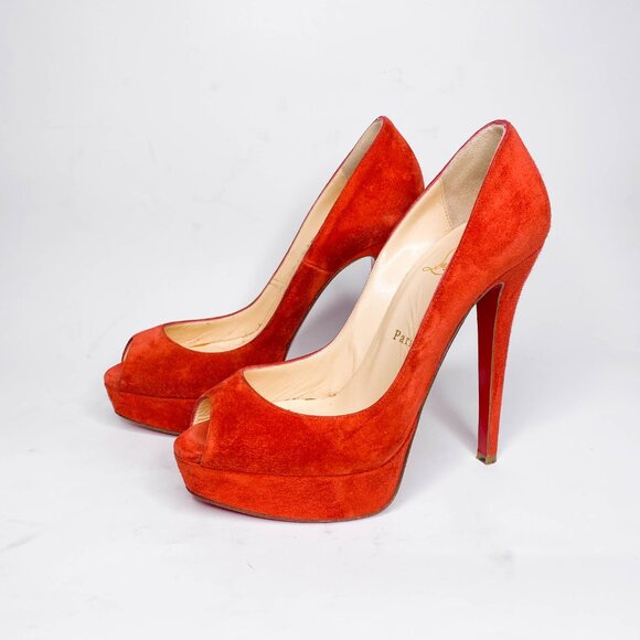 Christian Louboutin Fiery Red Peep-Toe Heels - Picture 4 of 10